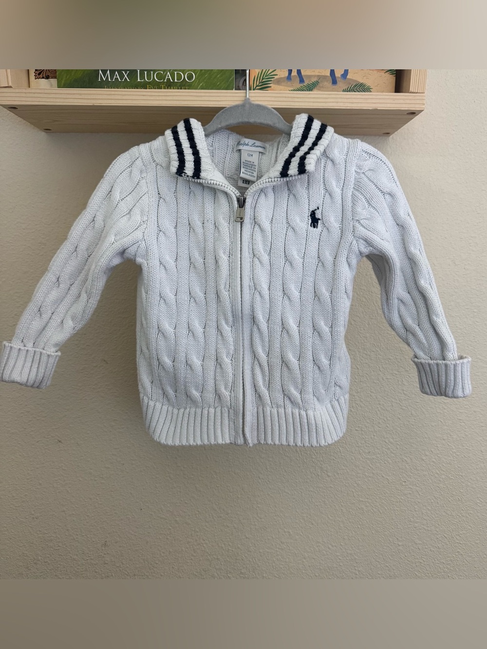Ralph Lauren Toddler Cable Knit Zip-Up Sweater - White with Navy Trim size 12M